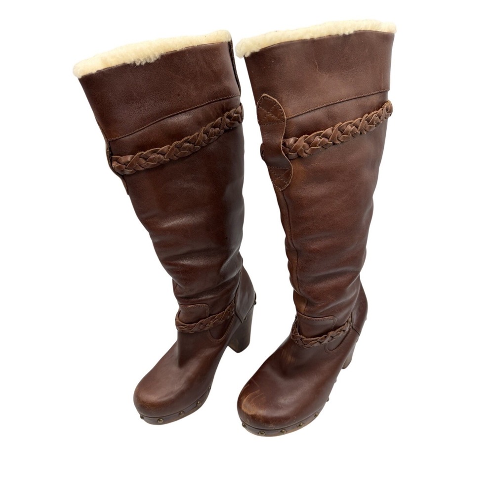 UGG Savanna Brown Leather Boots block Heeled Clog‎ Sheepskin Lined Size 5.5